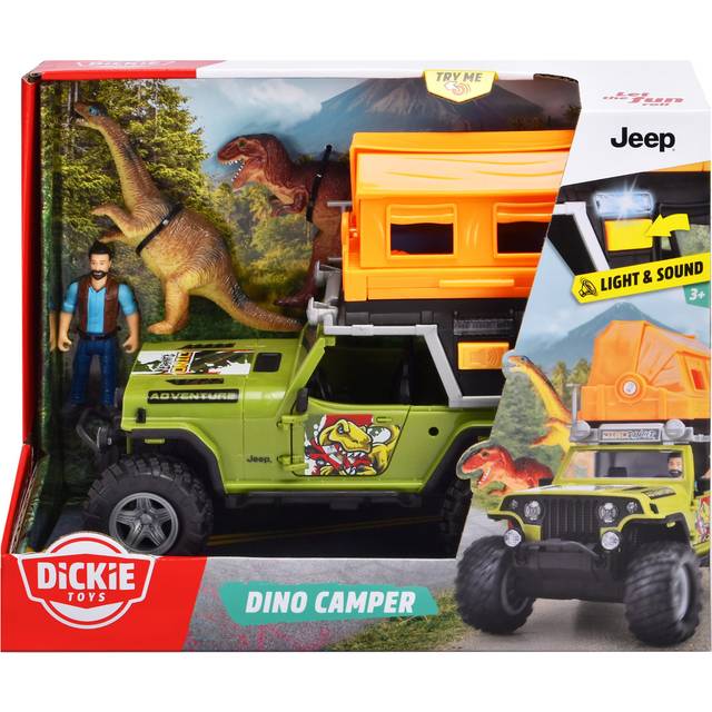Dickie Toys 203834011 - Dino Camper Leksaksbil - Dickie Toys Dino Camper Jeep med Ljus, Ljud, Öppningsbara Dörrar, Mjuka Däck, Taktält med Stege, 1 Figur och 2 Dinosaurier, Storlek: 23 cm, Från 3 år