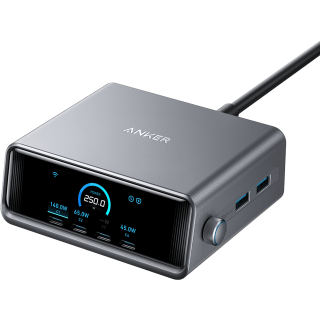 Anker Prime 250W GaN bordsladdare (6 portar), fyra USB-C-portar (140W Max), för MacBook, bärbar dator, iPad Pro, iPhone 15-serien