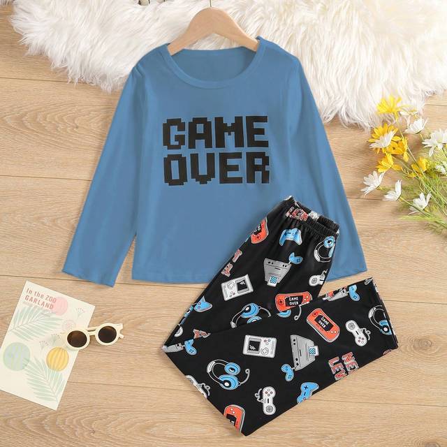SHEIN Tween Boys&#39; Letter & Game Console Print Pajama Set, Including Top And Bottom