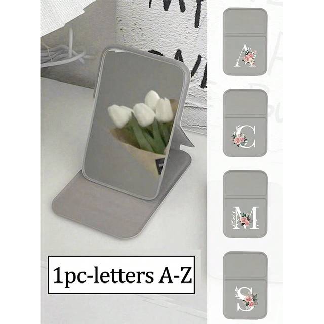 SHEIN 1pc Mini Flower White Letters Foldable Portable Makeup Mirror,Letters Of A-Z Makeup Mirror With Bracket, Travel Mirror, Beauty Products, Desktop Makeu