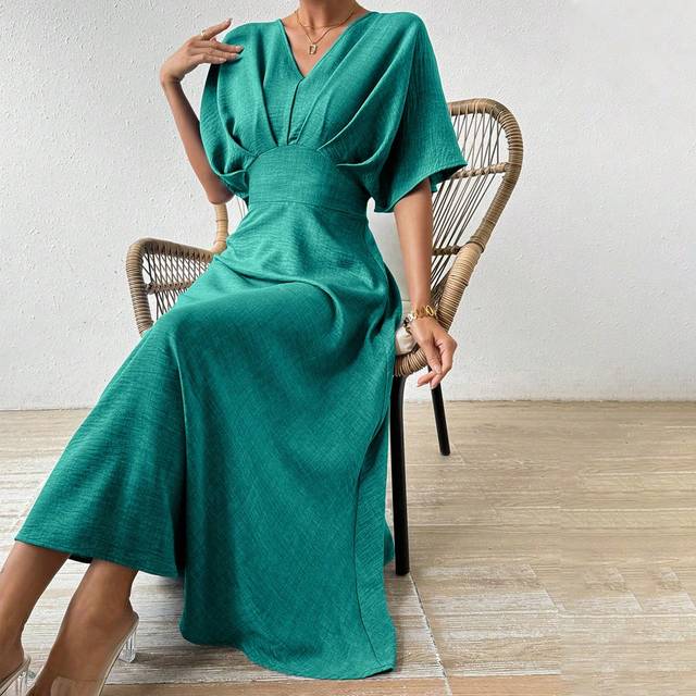 RosyDaze Elegant V-Neck Batwing Sleeve Dress, Summer Maxi Women Outfit