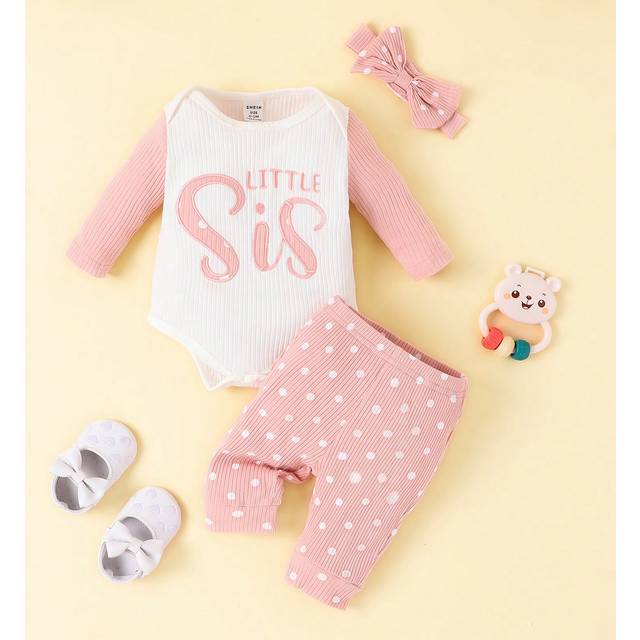 SHEIN Baby Girl Embroidery Letter Pattern Bodysuit & Polka Dot Print Pants & Headband
