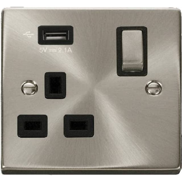 Click Deco 13A Ingot 1G Switched Socket With Single 2.1A USB Outlet Satin Chrome Insert Black