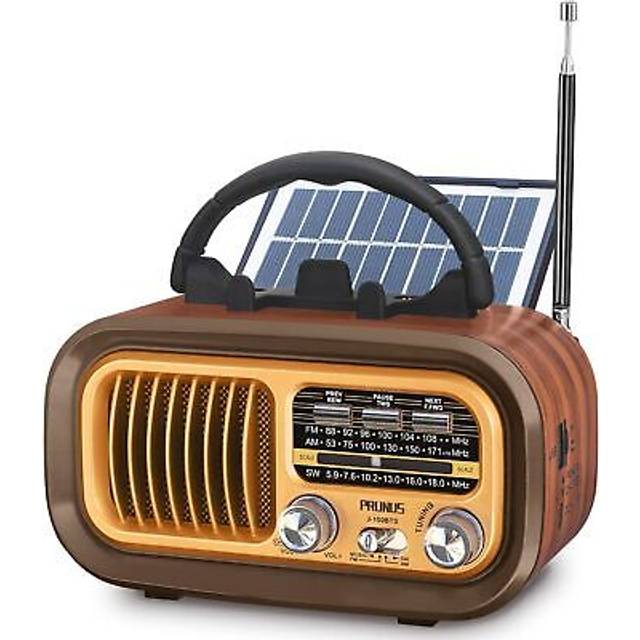 PRUNUS J-150 Portable Radio Retro, AM/FM/SW Small Radio Bluetooth, Battery Radio Powered by 1200mAh Rechargeable or D-Cell Batteries, with Solar Pane