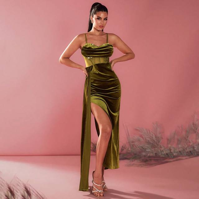 Glamine Summer Camisole Sequin Splicing Mesh Splicing High Waist Split Ribbon Side Pleat Elegant Green Dress Women&#39;s Formal Dress Dress