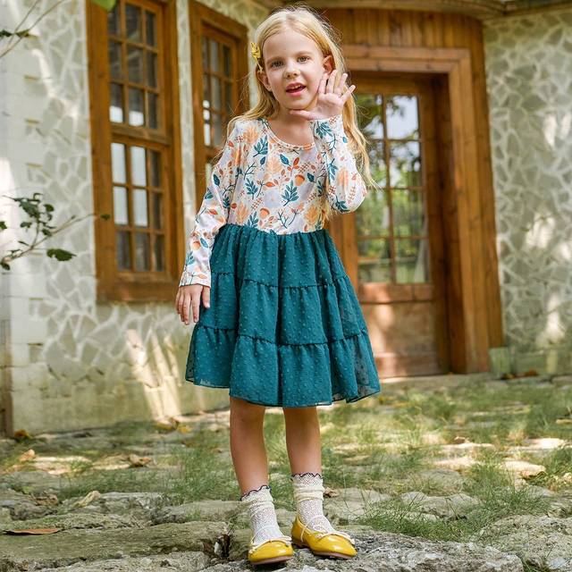 SHEIN Girls Spring Autumn Long Sleeve Ditsy Floral Layered Princess Dress, Christmas/Birthday Party Tulle Dress