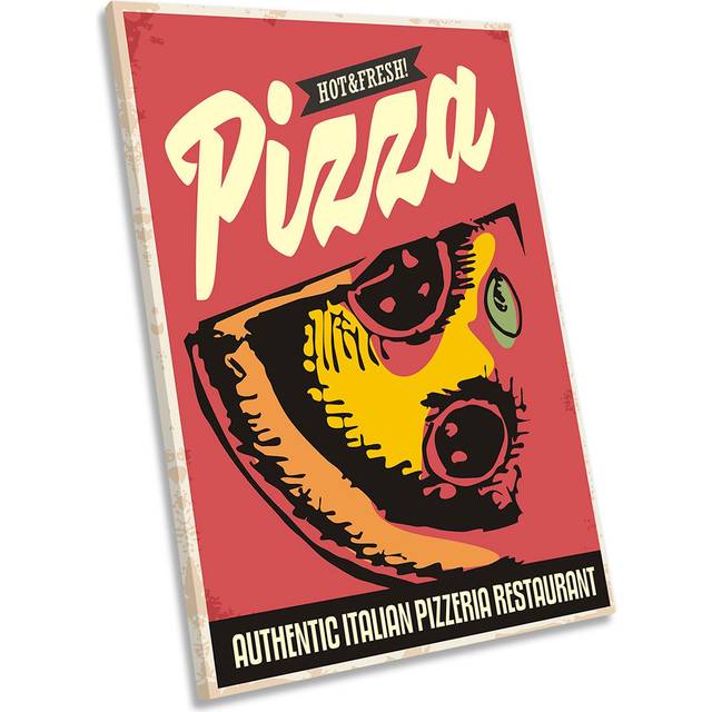 Fresh Pizza Kitchen Retro Red Framed CANVAS PRINT Portrait Wall Art (45.7cm H x 30.5cm W x 2cm D)