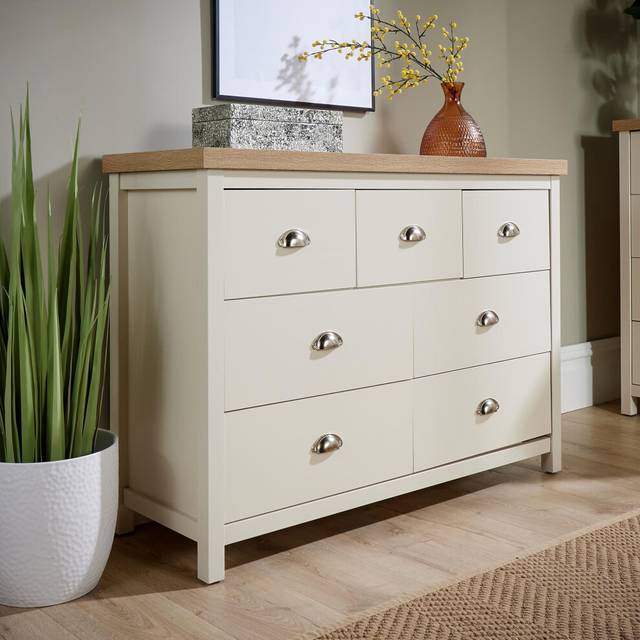 Wide 7 Drawer Chest of Drawers Off White Oak Storage Metal Cup Handles