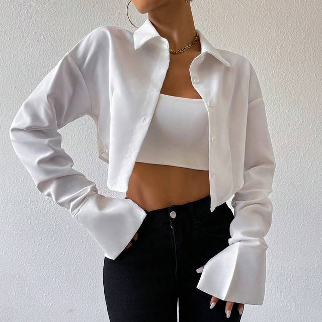 Chiquease Asymmetrical Design, Puff Sleeves, Button Front Cropped Shirt,Long Sleeve Tops