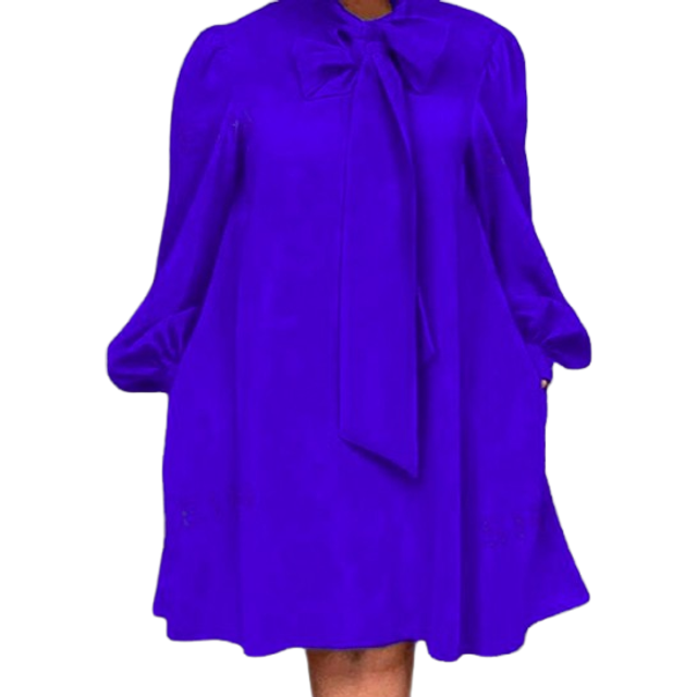 Slaydiva Elegant & Commuting & Party Bodycon A-Line Blue Dress With Tied Collar And Full-Length Sleeves For Plus-Size Women, Knee-Length, Spring/Fall