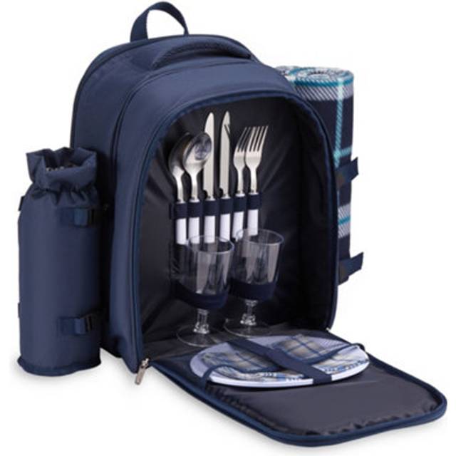 2 Person Picnic Backpack with Full Dining Set and Blanket - Navy - One Size