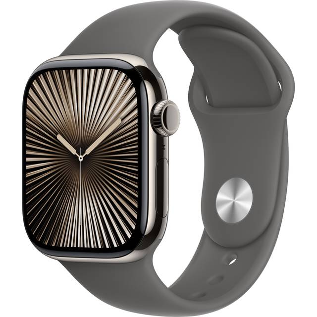 Apple Watch Series 10 GPS + Cellular 42 mm Smart klocka med boett i titan naturlig och Sportband i granitgrå - S/M. Träningsmätare, appen EKG, Retina-skärm som alltid är på, vattentålig