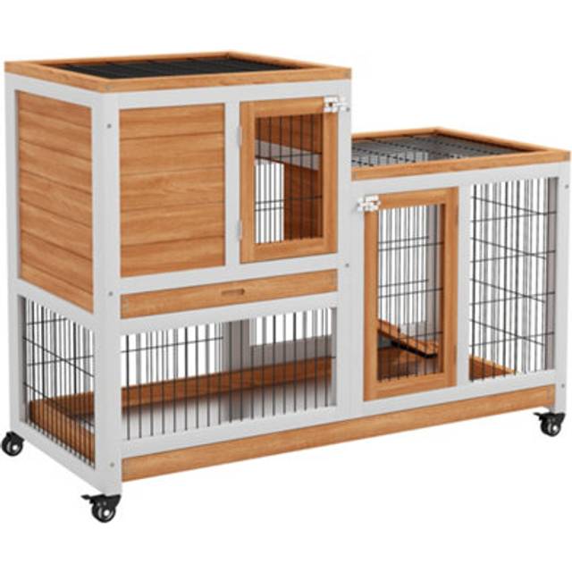 PawHut Wooden Indoor Rabbit Hutch Elevated Bunny Cage w/ Enclosed Run Wheel, Yellow