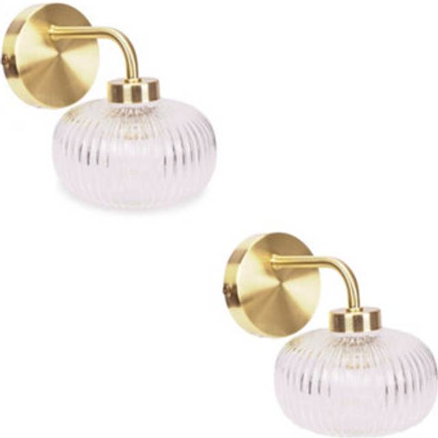 Amaia Pair of Brushed Gold IP44 Rated Single Clear Ribbed Glass Wall Lights