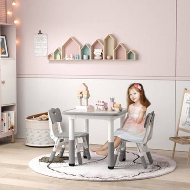Aiyaplay 3 Pcs Height Adjustable Kids Table And Chair Set For Playroom - Grey, Grey