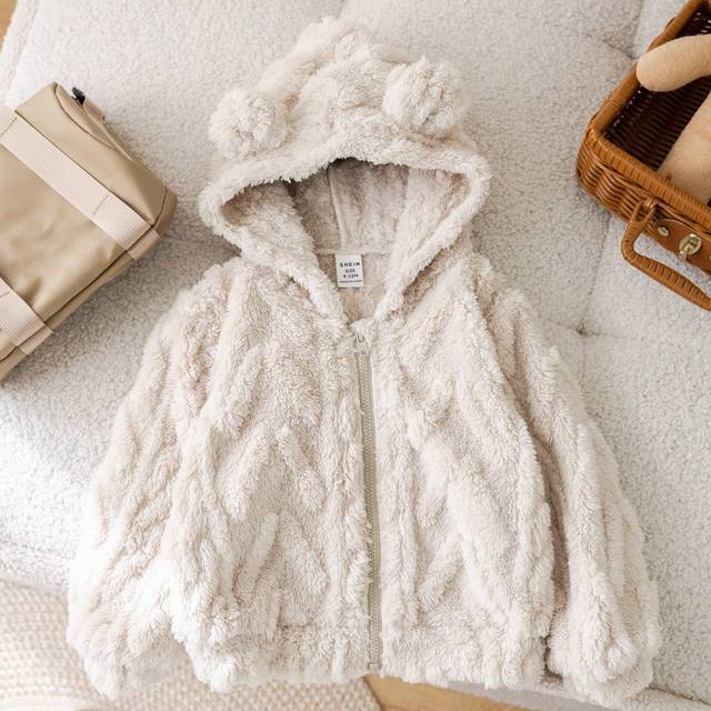 SHEIN Baby Boy Girl Hooded Jacket, Autumn/Winter Thick Furry Solid Color Textured Coat For Comfortable Warmth