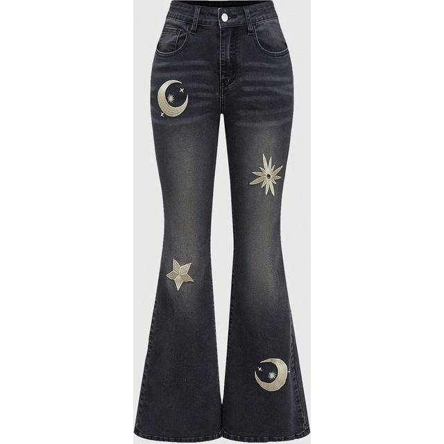 ROMWE Women&#39;s Pocket Embroidered Star Flared Casual Jeans