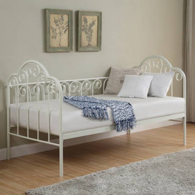 (White, No Trundle) Knebworth French Shabby Chic Living Room Bedroom Metal Day Bed Frame w Optional Trundle