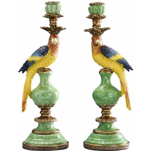 Set of 2 parrot candle holders, green-blue-yellow