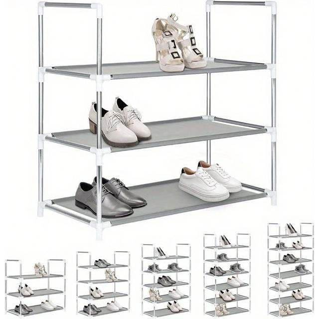 SHEIN 4 Tier Shoe Rack Metal Frame Small Shoe Storage Organiser Non-Woven Fabric Layer Space-Saving And Versatile Stackable Shoe Shelf For Closet Entryway H