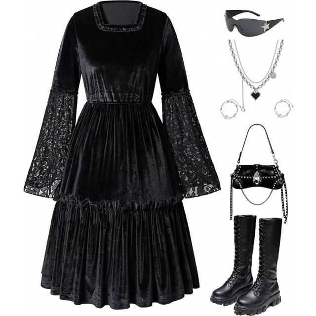 SHEIN Solid Color Splice Long Sleeve Ruched Casual Dress For Teenage Girls