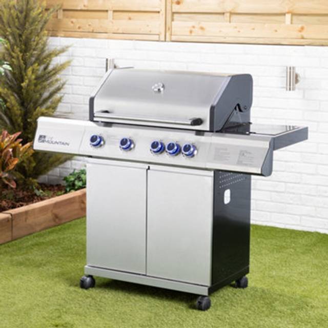 Fire Mountain 4 Burner Premier Plus BBQ | Gas | Stainless Steel Burners | Side Burner | Large Grill/Griddle | Includes Protective Cover | Under