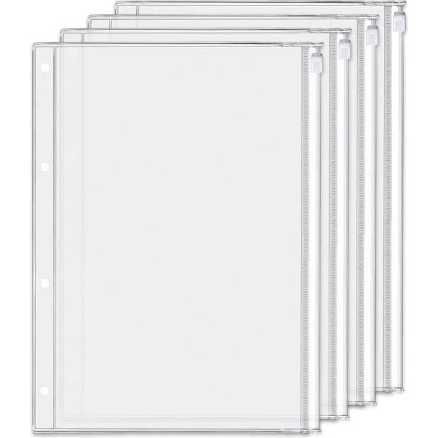 4 Pack A4 4 Holes Binder Zip Pockets Plastic Binder Zipper Folders Waterproof 4 Holes Zipper Loose Leaf Bags Zip Lock Envelope for Documents Notebooks