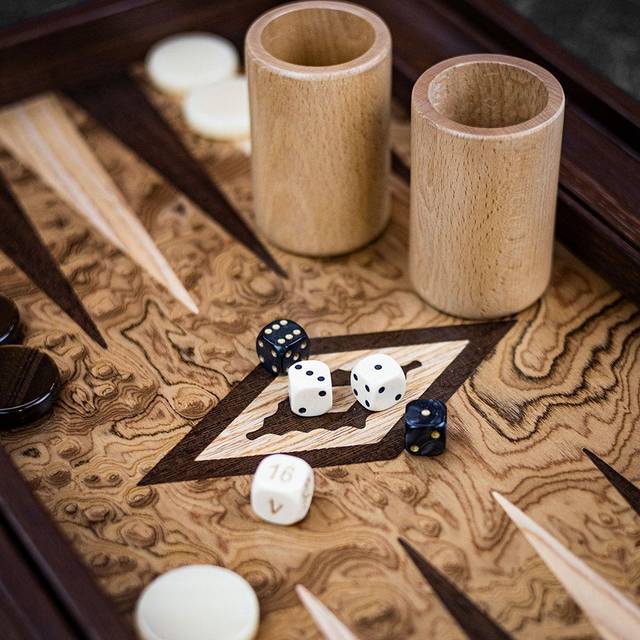 Manopoulos Inlaid Walnut Burl Backgammon Set - Tournament - add a Personalised Brass Plaque