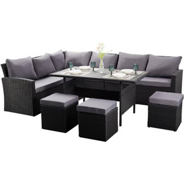 Nustone L-Shaped Corner Rattan Garden Furniture Lounge Dining Set For Seating 8 People In Black - One Size