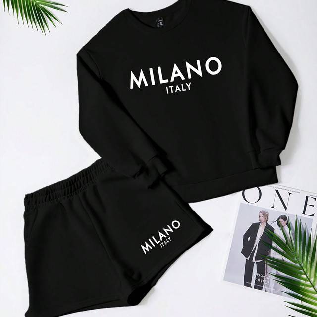 Slaydiva 2pcs Women Casual Minimalist MILANO Text Graphic Long Sleeve Sweatshirt And Shorts Set, Suitable For Spring And Autumn