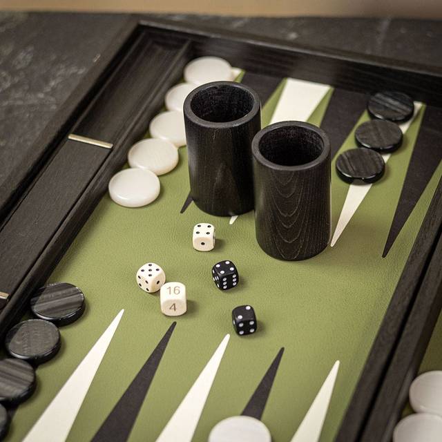 Manopoulos Olive Green Inlaid Leatherette Backgammon Set - Tournament - add a Personalised Brass Plaque
