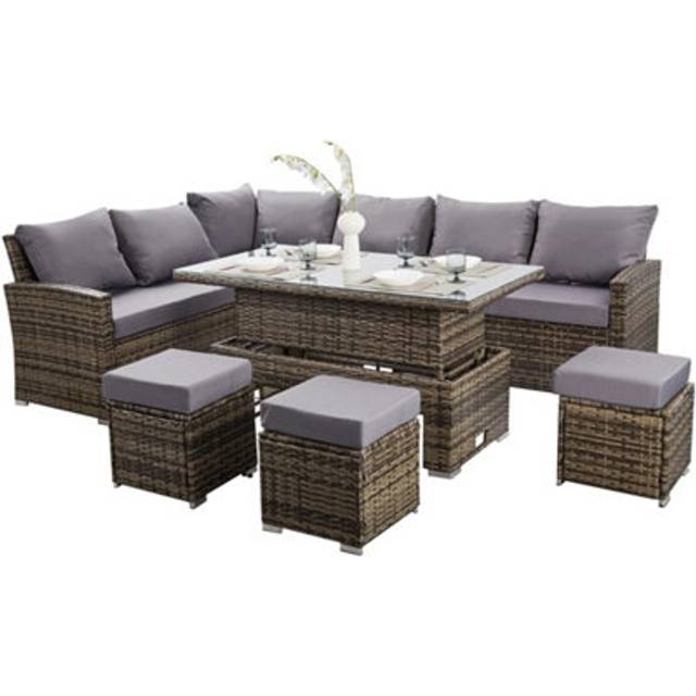 Nustone L-Shaped Corner Rattan Garden Furniture Lounge Dining Set For Seating 8 People - In Grey - One Size