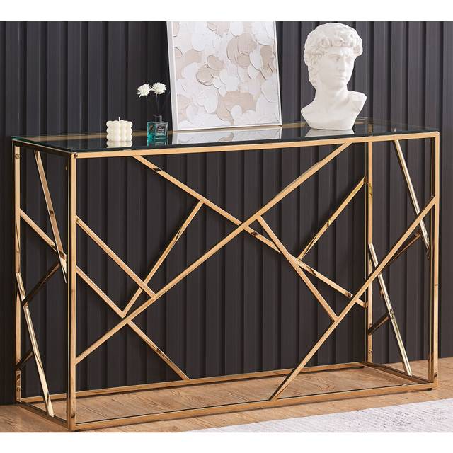 (Gold) Rectangular Glass and Metal Console Table In Gold Or Silver