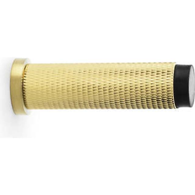 Rubber tip knurled wall mounted doorstop - satin brass 75mm cylinder rose door