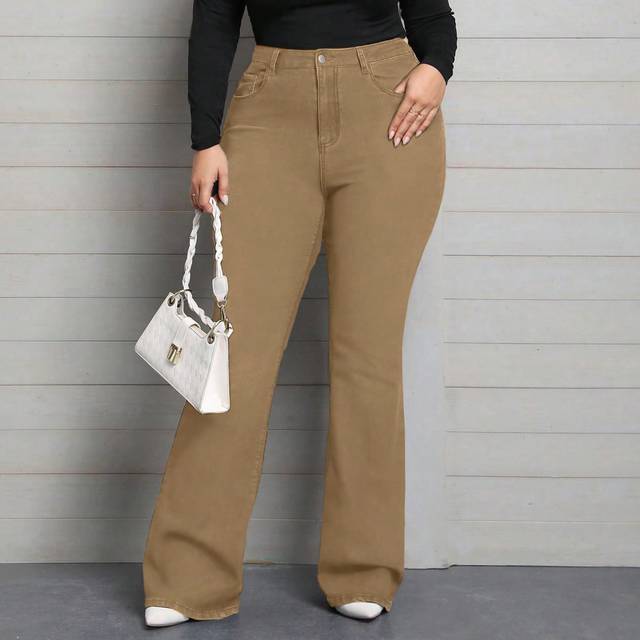 SHEIN Plus Size Women Elastic Flare Leg Jeans With Pockets, Casual Denim Pants   Summer Outfits For Women Festival Outfits Elegant Business Casual Woman Jea