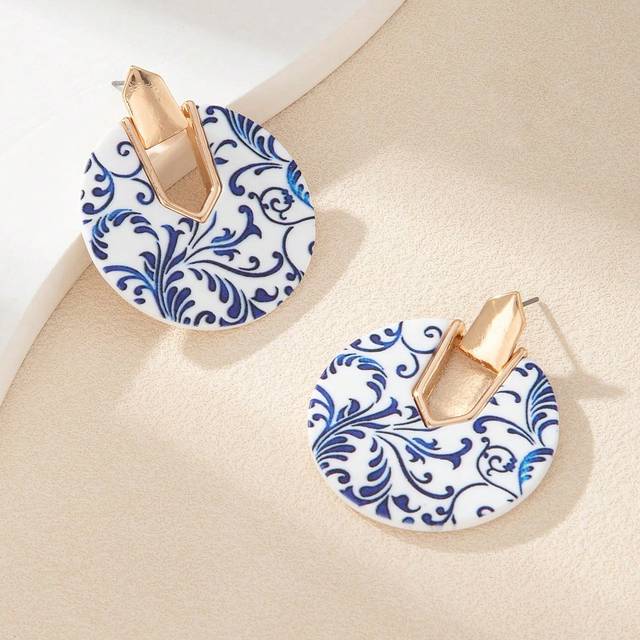 SHEIN 1pair Handmade Vintage Chinese Blue And White Porcelain Style Earrings, Unique Design And High-End