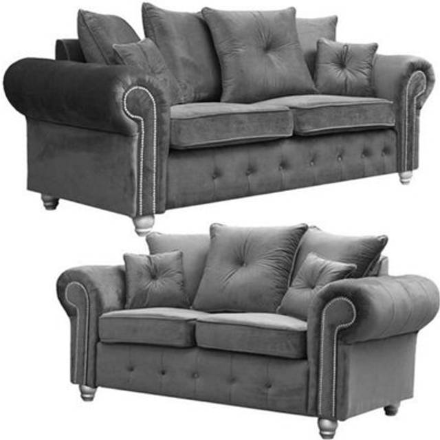 Portland Zoey 5 Seater Grey Plush Velvet Chesterfield Style Sofa Suite