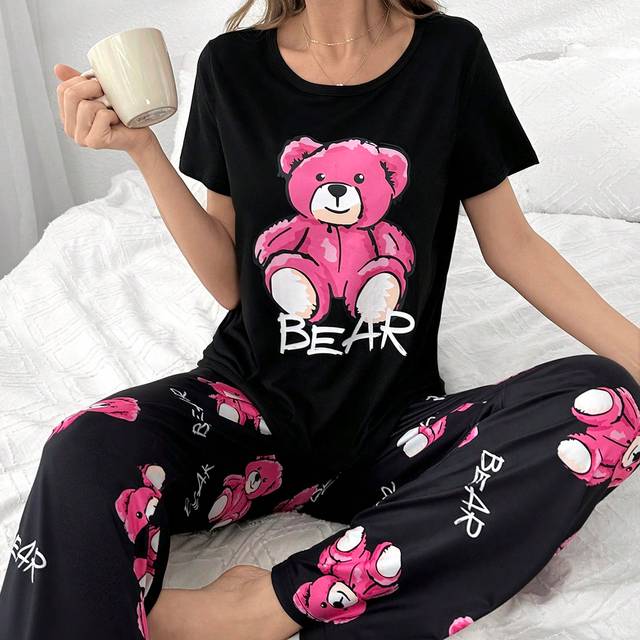 SHEIN Super Oversized Teddy Bear Print T-Shirt & Sleepwear Set Pajama Set, With Full Length Pants