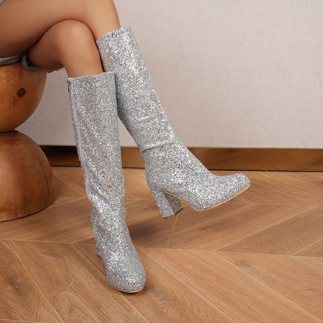 SHEIN Women&#39;s Fashionable Party Personality Glitter Silver Rhinestone Perfect With Cardigan, Over The Knee Boots