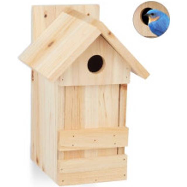 Wooden birdhouse with pointed roof