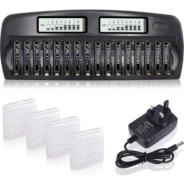 16 Slot Smart AA/AAA NiMH/NiCd Battery Charger Built-in IC Protection - with Discharge Function & LCD Display - with 16 Pack of 1100mAh AAA High