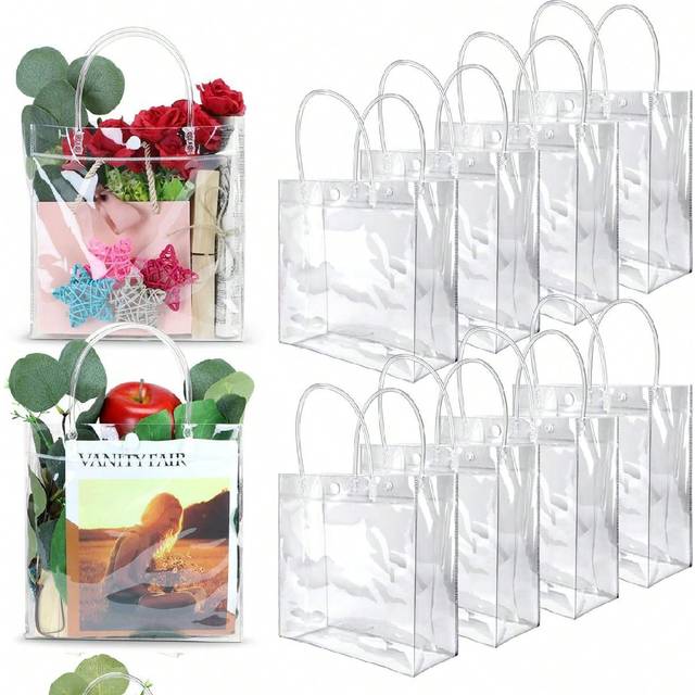 SHEIN 2/4/6/8/10/12Pcs Gift Bags Small PVC Bags Mini Clear Gift Bags With Handle, Plastic Gift Bags With Handle Clear Tote Bags Clear Party Favor Bags Reusa