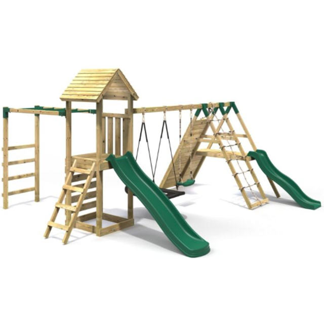 Rebo - Wooden Climbing Frame with Swings, 2 Slides, Up & over Climbing wall and Monkey Bars - Cairngorm