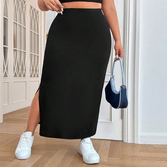 SHEIN Plus Size Fitted Simple Solid Color Split Hem Stretchy Casual Pencil Skirt