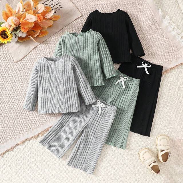 SHEIN Newborn Baby Girls 2pcs/Set Textured Fleece Solid Color Long Sleeve Top And Long Pants Set, Autumn/Winter