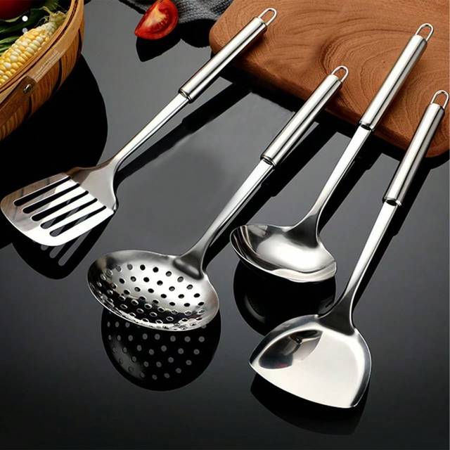 SHEIN 1-4pcs Stainless Steel Cooking Utensil Set Including Ladle, Slotted Spoon, Spatula And Pot Strainer