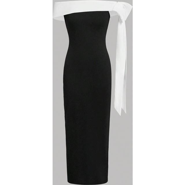 SHEIN Teen Girls Black And White Off Shoulder Bow Flared Formal Dress With Slit, Elegant Vintage Party Gown,Graduation Outfit