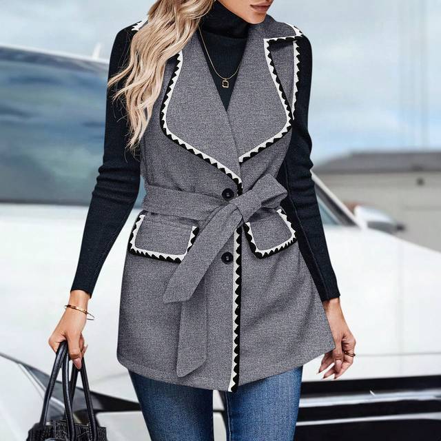 Hapsho Women&#39;s Buttoned Lapel Sleeveless Coat With Waist Tie, Pocket, Fashionable Woolen Material