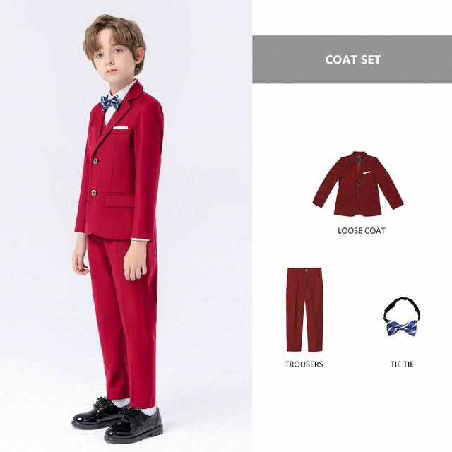 SHEIN 3pcs Young Boys Formal Suit Set - Jacket, Pants & Bow Tie, Party Tuxedo Outfit For Spring & Autumn
