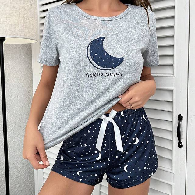SHEIN Moon & Slogan Graphic Tee & Bow Front Shorts PJ Set / Pajama Set Sleep Wear Womenwomen Night Wear